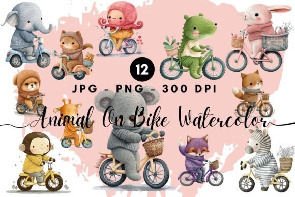 Download Cartoon Animal on a Bike Watercolor - Animal Collection