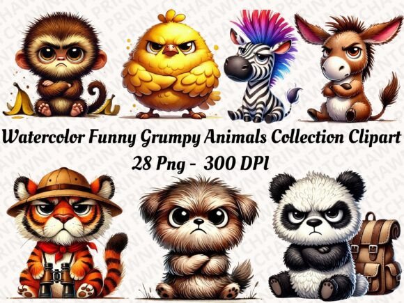 Download Watercolor Funny Grumpy Animals Clipart - Premium Bundle