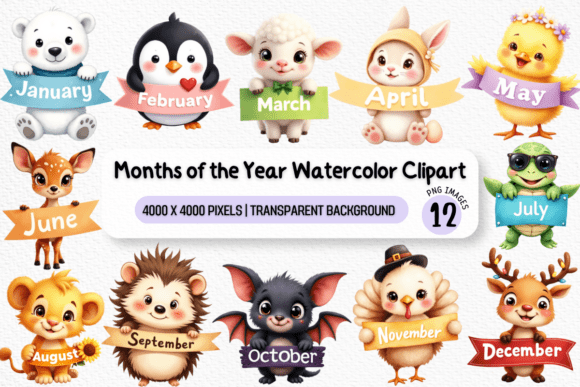 Download Months Clipart Animal Watercolor Clipart - Animal Collection