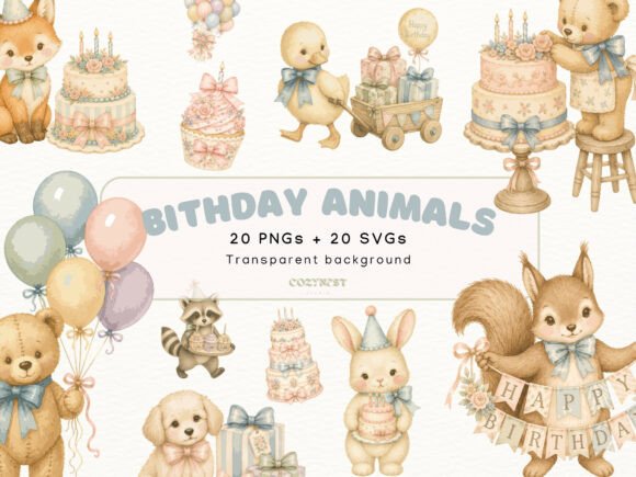 Download Birthday Animals Watercolor Cliparts SVG - Day Collection