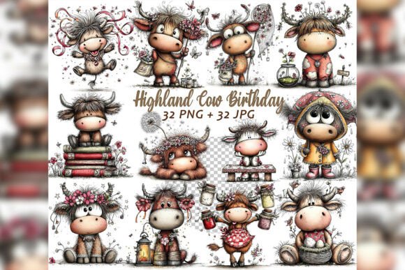 Download Whimsical Highland Cow Birthday Clipart - Day Collection