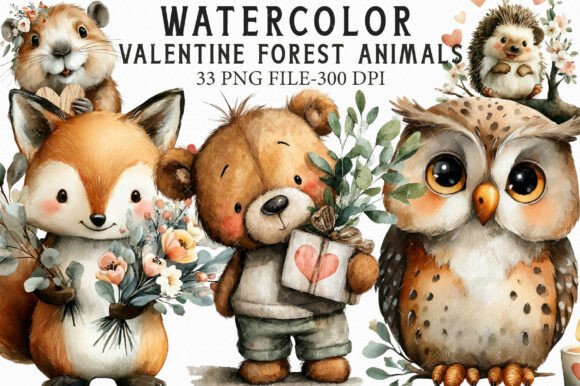 Download Watercolor Valentine Forest Animals Png - Animal Collection