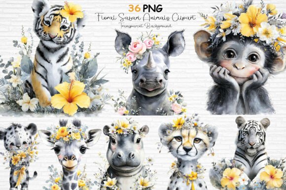 Download Floral Safari Animals Clipart PNG - Animal Collection