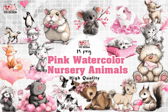 Download Pink Watercolor Nursery Animals PNG - Animal Collection