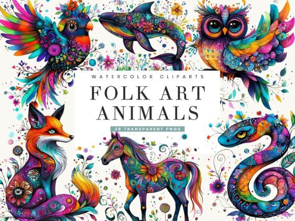 Download Watercolor Folk Art Animals Clipart - Animal Collection