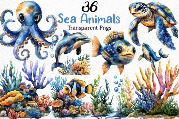 Download Watercolor Sea Animals Clipart Png - Animal Collection